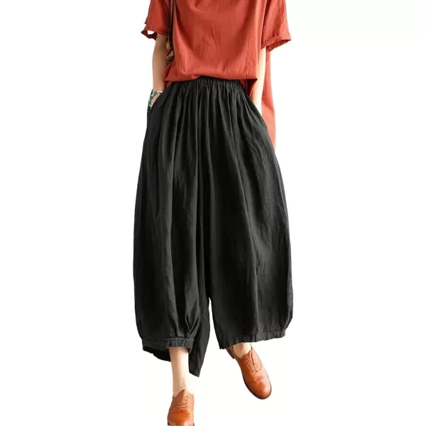 imagechouyatou Womens Casual Elastic Waist Wide Leg Palazzo Cotton Linen Pants Baggy CulottesBlack