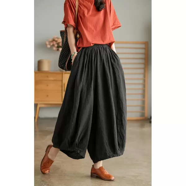 imagechouyatou Womens Casual Elastic Waist Wide Leg Palazzo Cotton Linen Pants Baggy CulottesBlack