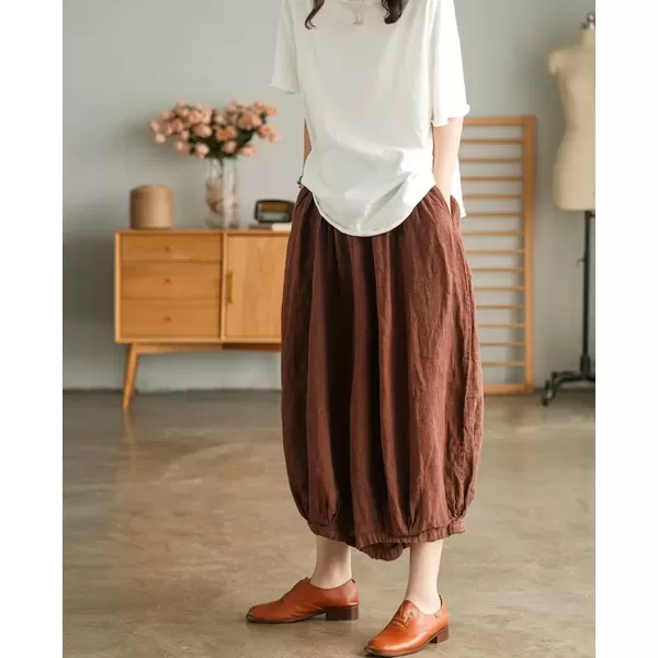 imagechouyatou Womens Casual Elastic Waist Wide Leg Palazzo Cotton Linen Pants Baggy CulottesBrown