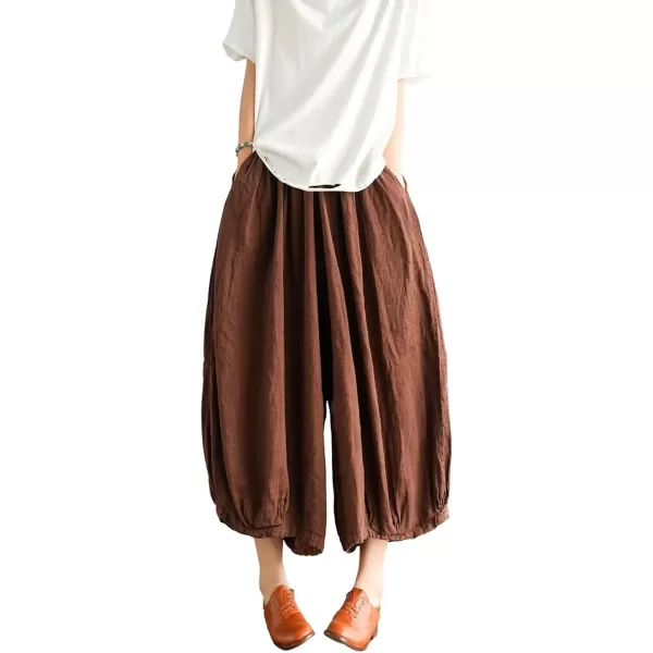 imagechouyatou Womens Casual Elastic Waist Wide Leg Palazzo Cotton Linen Pants Baggy CulottesBrown