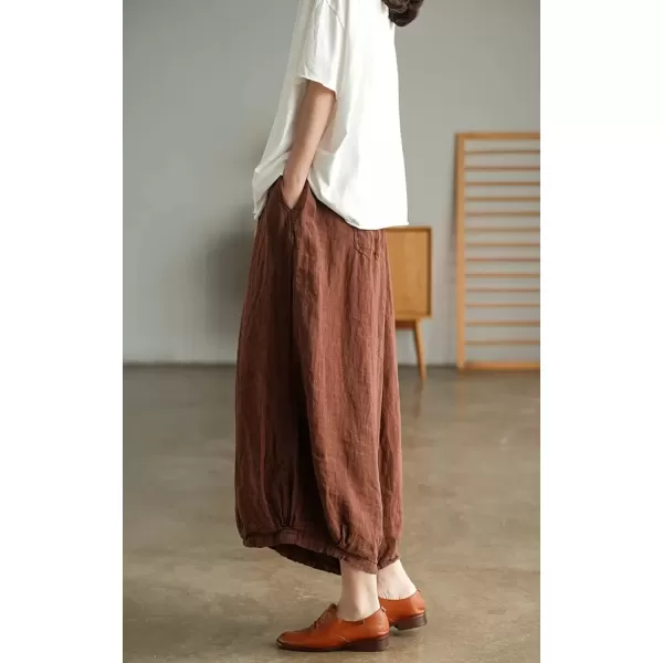 imagechouyatou Womens Casual Elastic Waist Wide Leg Palazzo Cotton Linen Pants Baggy CulottesBrown