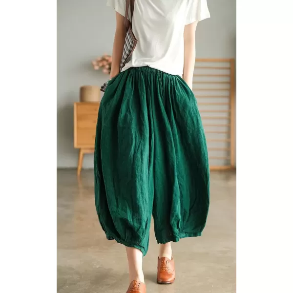 imagechouyatou Womens Casual Elastic Waist Wide Leg Palazzo Cotton Linen Pants Baggy CulottesGreen