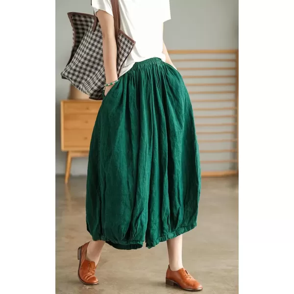 imagechouyatou Womens Casual Elastic Waist Wide Leg Palazzo Cotton Linen Pants Baggy CulottesGreen