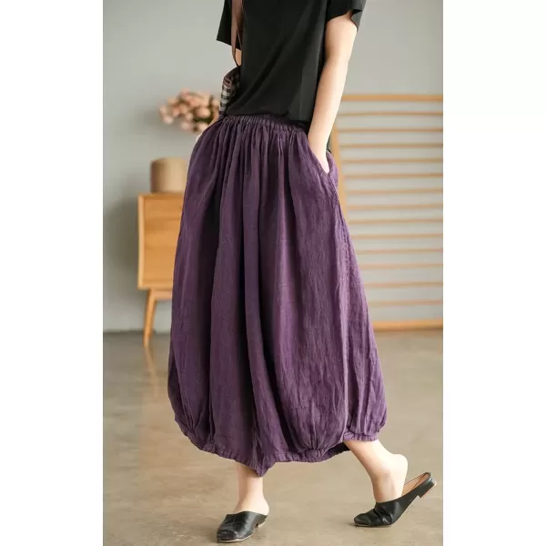 imagechouyatou Womens Casual Elastic Waist Wide Leg Palazzo Cotton Linen Pants Baggy CulottesPurple