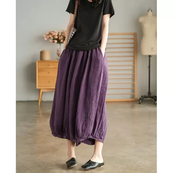 imagechouyatou Womens Casual Elastic Waist Wide Leg Palazzo Cotton Linen Pants Baggy CulottesPurple