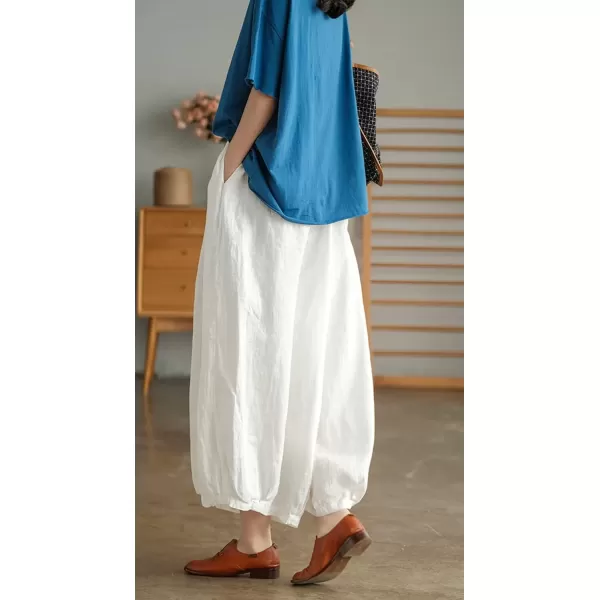 imagechouyatou Womens Casual Elastic Waist Wide Leg Palazzo Cotton Linen Pants Baggy CulottesWhite