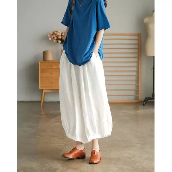 imagechouyatou Womens Casual Elastic Waist Wide Leg Palazzo Cotton Linen Pants Baggy CulottesWhite