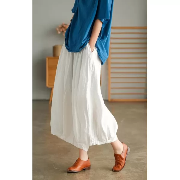 imagechouyatou Womens Casual Elastic Waist Wide Leg Palazzo Cotton Linen Pants Baggy CulottesWhite