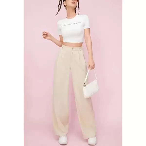 imagechouyatou Womens Casual High Waist Straight Leg Pants Work Business Dress Slacks TrousersApricot