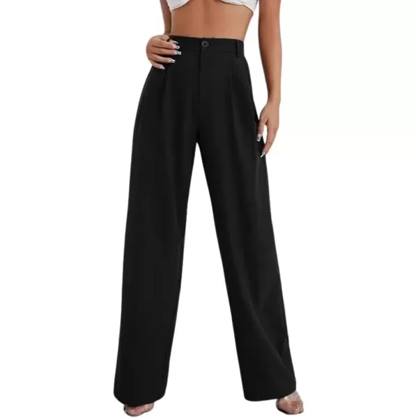 imagechouyatou Womens Casual High Waist Straight Leg Pants Work Business Dress Slacks TrousersBlack