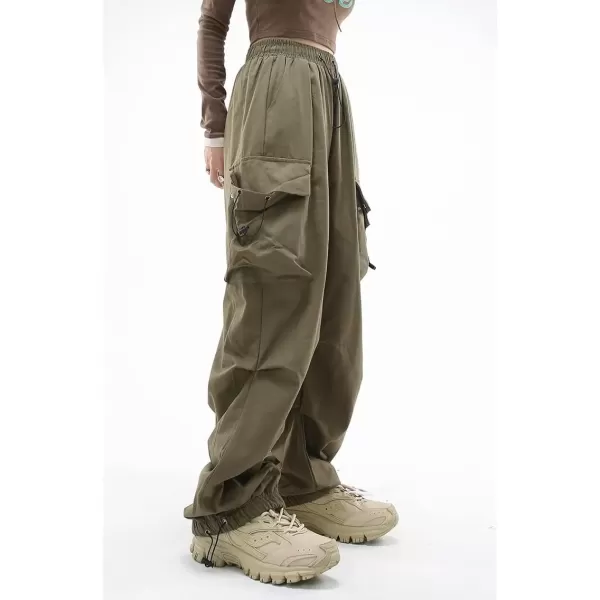 imagechouyatou Womens Casual Parachute Pants Y2K Boyfriend High Waisted Baggy Cargo PantsArmy Green