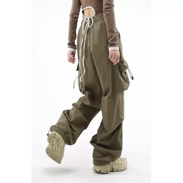 imagechouyatou Womens Casual Parachute Pants Y2K Boyfriend High Waisted Baggy Cargo PantsArmy Green