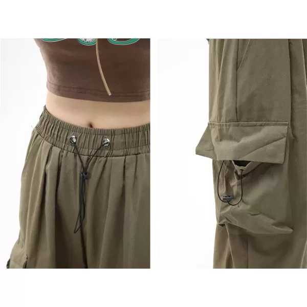 imagechouyatou Womens Casual Parachute Pants Y2K Boyfriend High Waisted Baggy Cargo PantsArmy Green