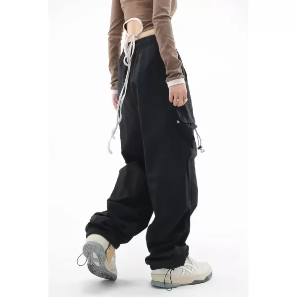 imagechouyatou Womens Casual Parachute Pants Y2K Boyfriend High Waisted Baggy Cargo PantsBlack