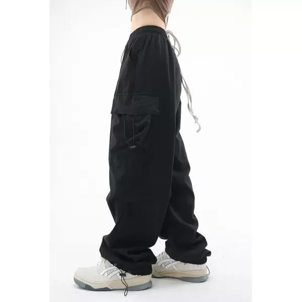 imagechouyatou Womens Casual Parachute Pants Y2K Boyfriend High Waisted Baggy Cargo PantsBlack