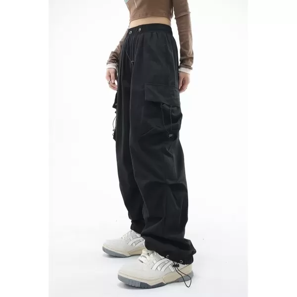 imagechouyatou Womens Casual Parachute Pants Y2K Boyfriend High Waisted Baggy Cargo PantsBlack