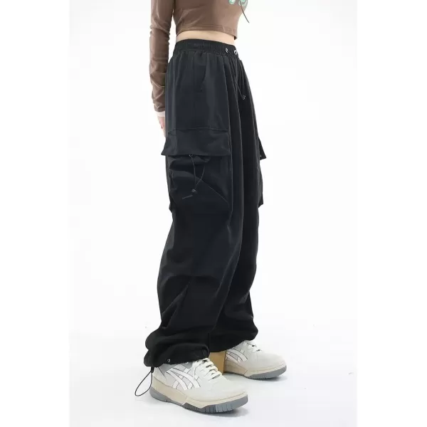 imagechouyatou Womens Casual Parachute Pants Y2K Boyfriend High Waisted Baggy Cargo PantsBlack