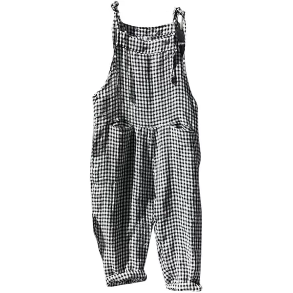 imagechouyatou Womens Casual Tie Knot Strap Striped Plaid Wide Leg Bib Overall Jumpsuit Pants with PocketsPlaid Black