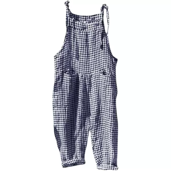 imagechouyatou Womens Casual Tie Knot Strap Striped Plaid Wide Leg Bib Overall Jumpsuit Pants with PocketsPlaid Blue