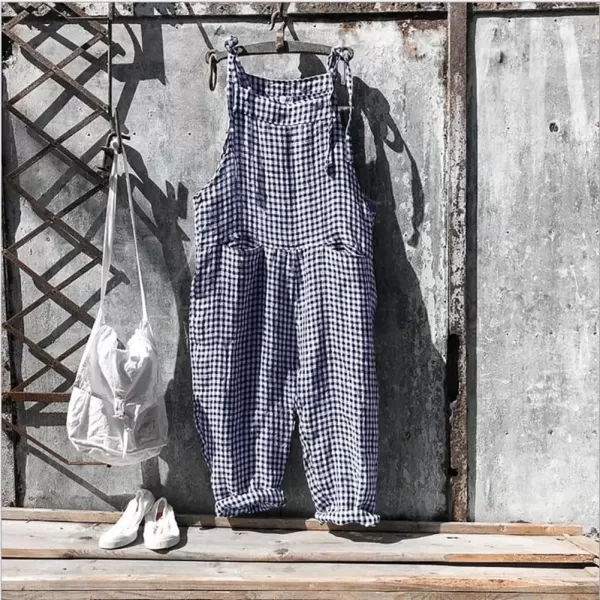 imagechouyatou Womens Casual Tie Knot Strap Striped Plaid Wide Leg Bib Overall Jumpsuit Pants with PocketsPlaid Blue