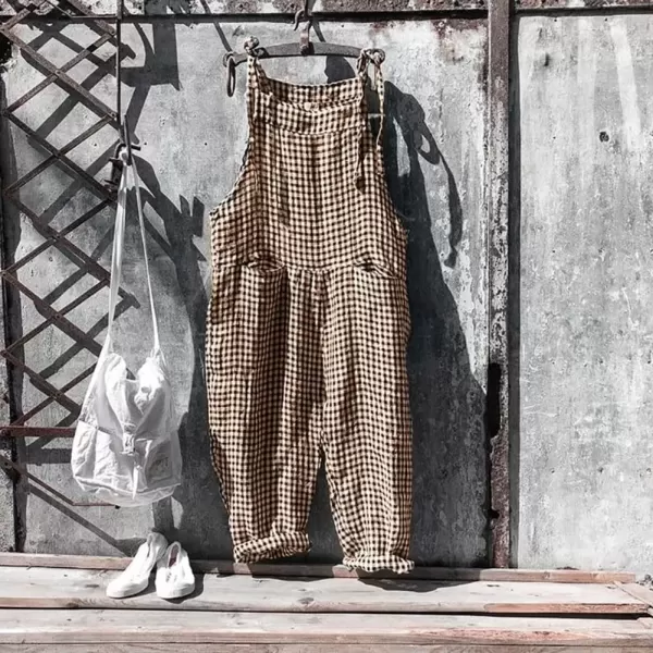 imagechouyatou Womens Casual Tie Knot Strap Striped Plaid Wide Leg Bib Overall Jumpsuit Pants with PocketsPlaid Brown