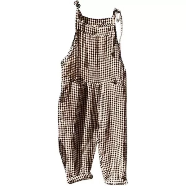 imagechouyatou Womens Casual Tie Knot Strap Striped Plaid Wide Leg Bib Overall Jumpsuit Pants with PocketsPlaid Brown
