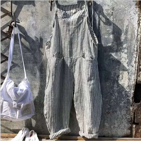 imagechouyatou Womens Casual Tie Knot Strap Striped Plaid Wide Leg Bib Overall Jumpsuit Pants with PocketsStripes Gray