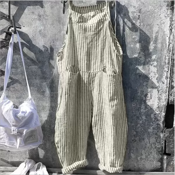 imagechouyatou Womens Casual Tie Knot Strap Striped Plaid Wide Leg Bib Overall Jumpsuit Pants with PocketsStripes Green