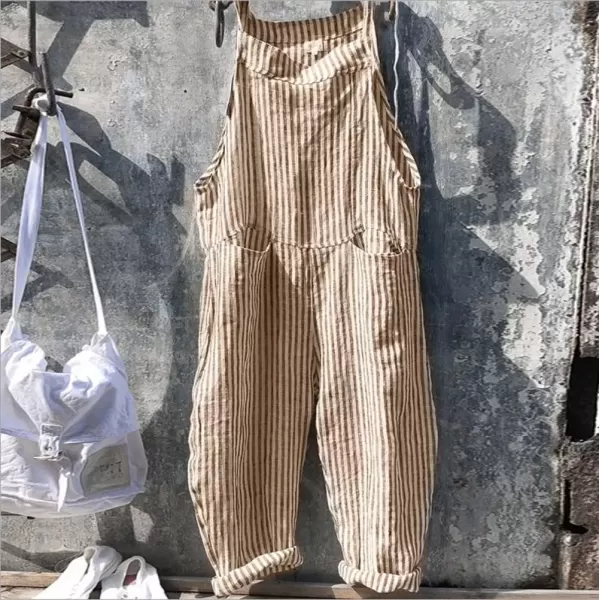 imagechouyatou Womens Casual Tie Knot Strap Striped Plaid Wide Leg Bib Overall Jumpsuit Pants with PocketsStripes Khaki