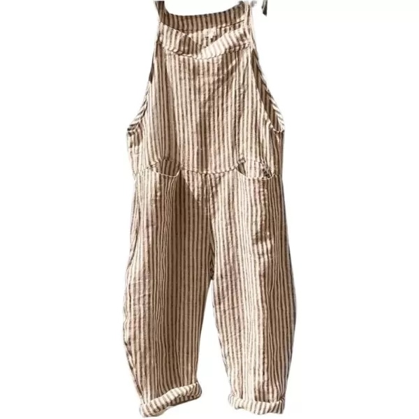 imagechouyatou Womens Casual Tie Knot Strap Striped Plaid Wide Leg Bib Overall Jumpsuit Pants with PocketsStripes Khaki