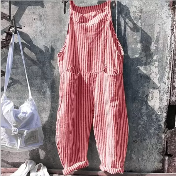 imagechouyatou Womens Casual Tie Knot Strap Striped Plaid Wide Leg Bib Overall Jumpsuit Pants with PocketsStripes Red