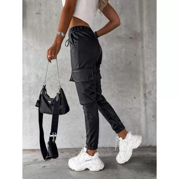 imagechouyatou Womens Cool Flap Pockets Drawstring Elastic Waist Pu Faux Leather Cargo PantsBlack
