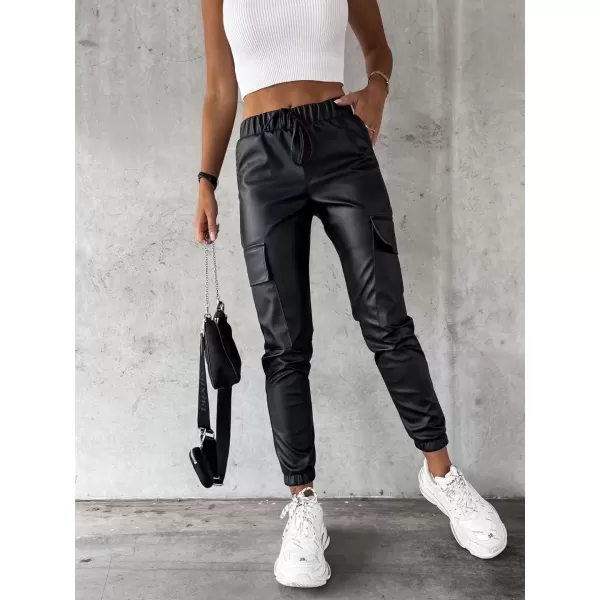 imagechouyatou Womens Cool Flap Pockets Drawstring Elastic Waist Pu Faux Leather Cargo PantsBlack