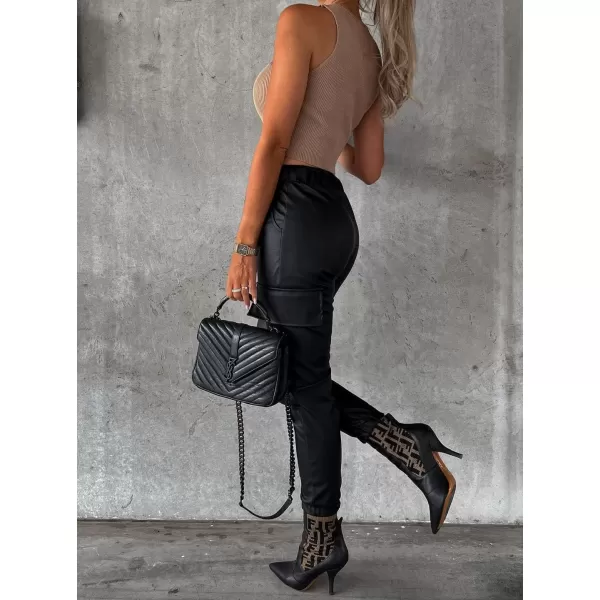imagechouyatou Womens Cool Flap Pockets Drawstring Elastic Waist Pu Faux Leather Cargo PantsBlack