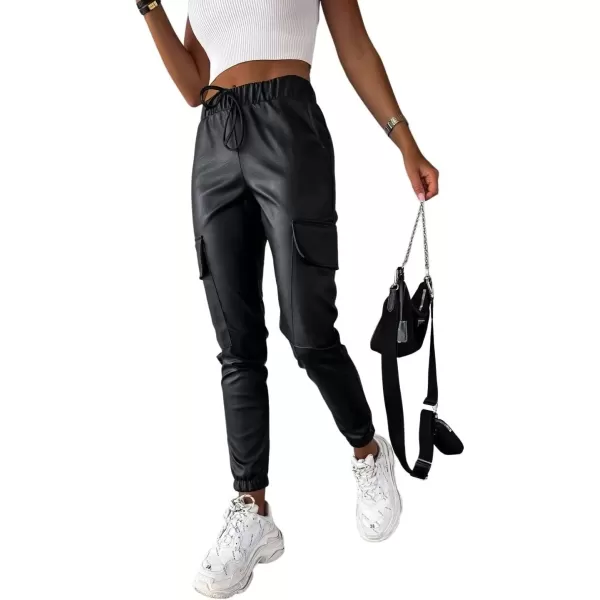 imagechouyatou Womens Cool Flap Pockets Drawstring Elastic Waist Pu Faux Leather Cargo PantsBlack