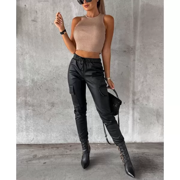 imagechouyatou Womens Cool Flap Pockets Drawstring Elastic Waist Pu Faux Leather Cargo PantsBlack