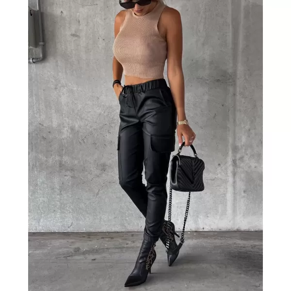 imagechouyatou Womens Cool Flap Pockets Drawstring Elastic Waist Pu Faux Leather Cargo PantsBlack