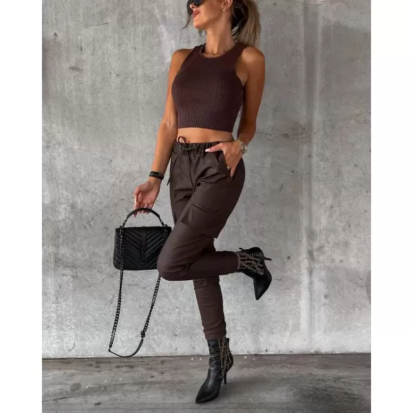 imagechouyatou Womens Cool Flap Pockets Drawstring Elastic Waist Pu Faux Leather Cargo PantsCoffee