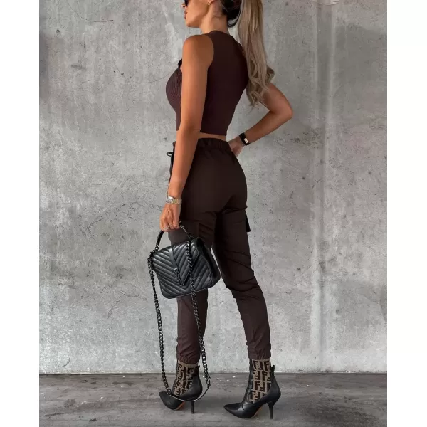 imagechouyatou Womens Cool Flap Pockets Drawstring Elastic Waist Pu Faux Leather Cargo PantsCoffee