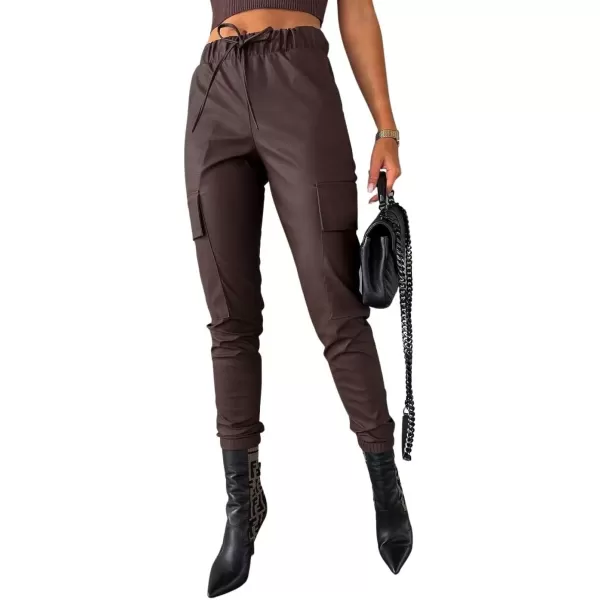 imagechouyatou Womens Cool Flap Pockets Drawstring Elastic Waist Pu Faux Leather Cargo PantsCoffee