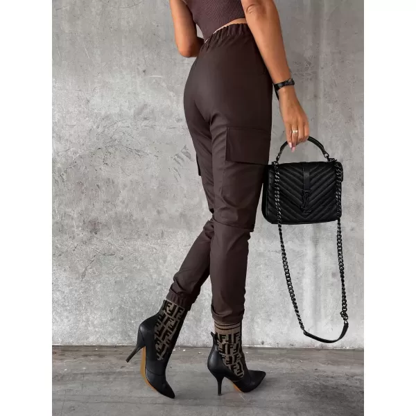 imagechouyatou Womens Cool Flap Pockets Drawstring Elastic Waist Pu Faux Leather Cargo PantsCoffee