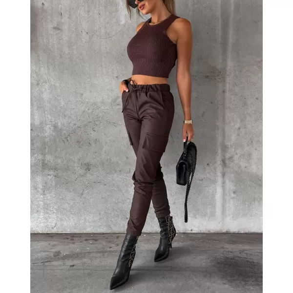 imagechouyatou Womens Cool Flap Pockets Drawstring Elastic Waist Pu Faux Leather Cargo PantsCoffee