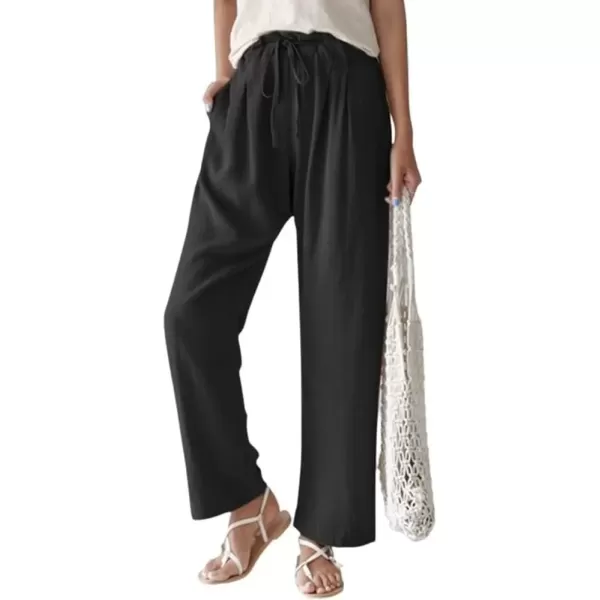 imagechouyatou Womens Drawstring Cotton Linen Pants Business Casual Straight Leg High Elastic Wasit Palazzo PantsBlack