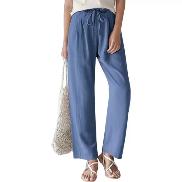 imagechouyatou Womens Drawstring Cotton Linen Pants Business Casual Straight Leg High Elastic Wasit Palazzo PantsBlue