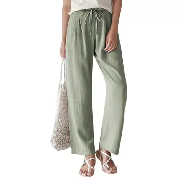 imagechouyatou Womens Drawstring Cotton Linen Pants Business Casual Straight Leg High Elastic Wasit Palazzo PantsGreen