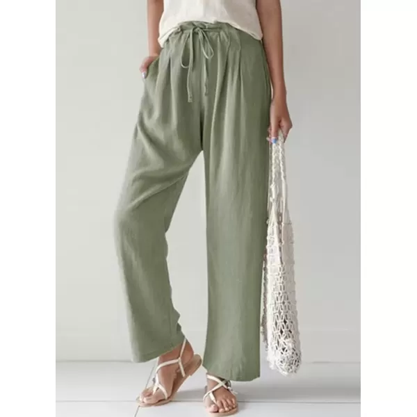 imagechouyatou Womens Drawstring Cotton Linen Pants Business Casual Straight Leg High Elastic Wasit Palazzo PantsGreen