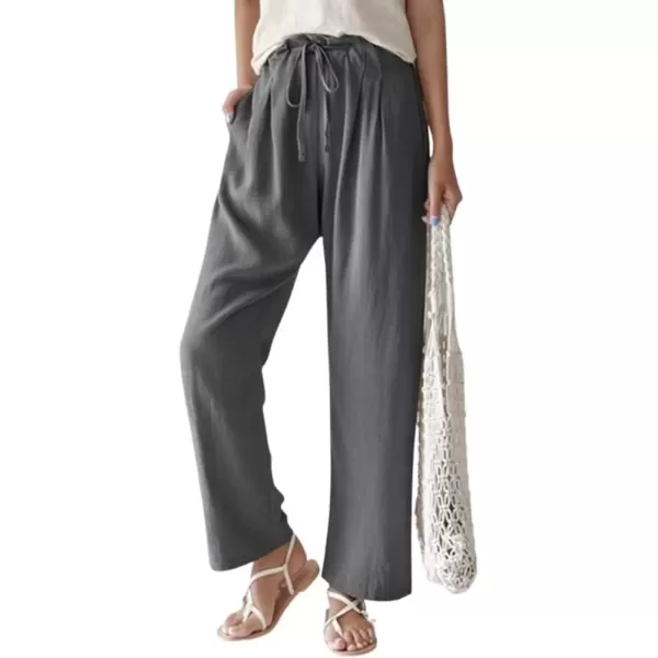 imagechouyatou Womens Drawstring Cotton Linen Pants Business Casual Straight Leg High Elastic Wasit Palazzo PantsGrey