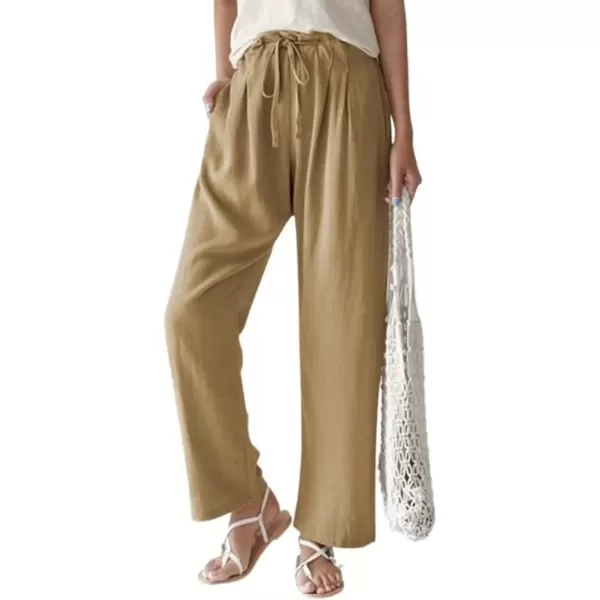 imagechouyatou Womens Drawstring Cotton Linen Pants Business Casual Straight Leg High Elastic Wasit Palazzo PantsKhaki