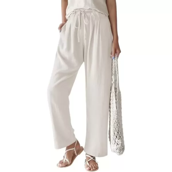 imagechouyatou Womens Drawstring Cotton Linen Pants Business Casual Straight Leg High Elastic Wasit Palazzo PantsWhite