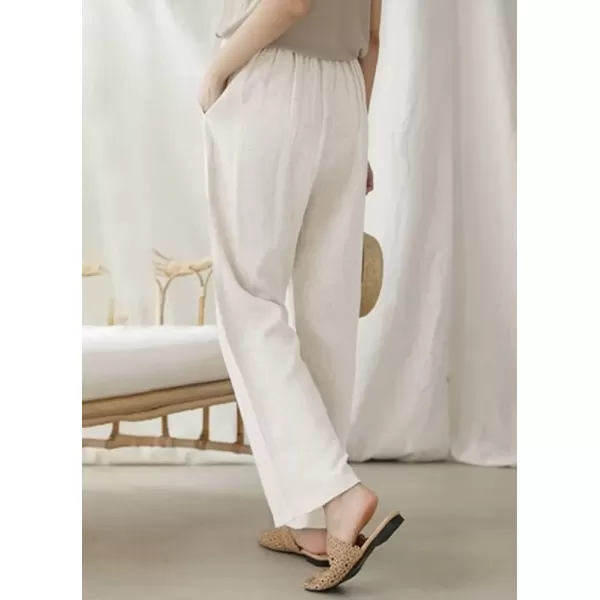 imagechouyatou Womens Drawstring Cotton Linen Pants Business Casual Straight Leg High Elastic Wasit Palazzo PantsWhite
